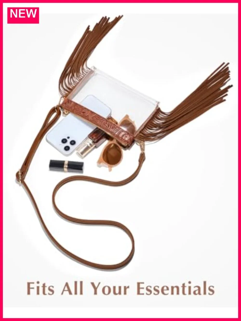 Clear Stadium Approved Crossbody Bag with Faux Leather Trim and Fringe